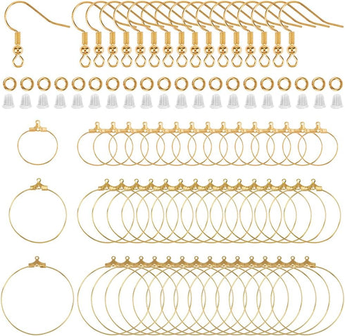 640pcs Gold Earring Beading Hoops Beading Hoop Earring Supplies Golden Brass Round Circle Beaded Kits Findings Ear Nuts Components for Jewelry Mak...