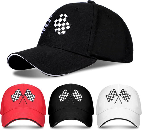 3 Pieces Baseball Cap for Men Women Checkered Flags Race Car Flag Adjustable Washable Trucker Hat Embroidery Unisex Dad Hat Sports Cap, White, Red...