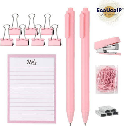 EooUooIP Desk Accessories Binding Set,Practical and Beautiful Pink Office Supplies Set,Stapler Hole Puncher Paper Clips and Ballpoint Pen for Offi...