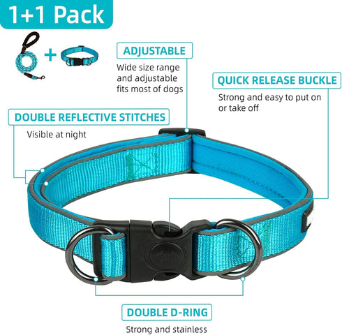 Dog Collar and Leash Set, Reflective Dog Collar Heavy Duty Dog Leash, Adjustable Soft Neoprene Padded Nylon Pet Collars, Comfortable Padded Handle...