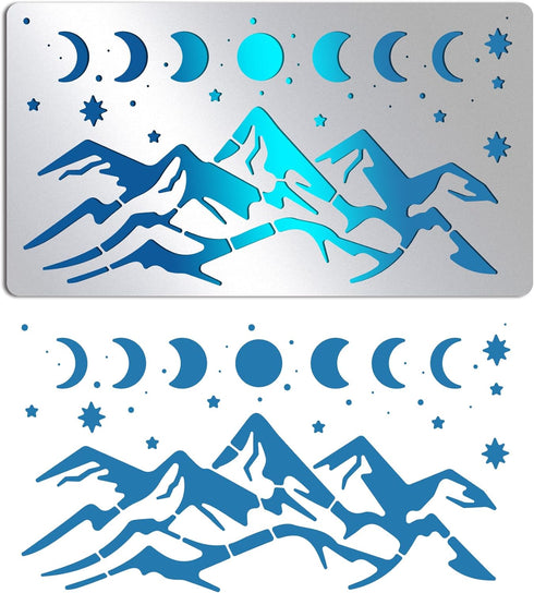 BENECREAT Moon Phase Mountain Stainless Steel Stencils, 7x4 inch Sun Reusable Painting Template for Painting, Wood Burning, Journaling...