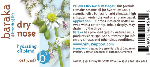 Baraka Dry Nose Nasal Moisturizer - Organic Essential Oils (Cardamom, Everlast, German & Roman Chamomile) in Sesame Oil Base - Hydrating Sinuses &...