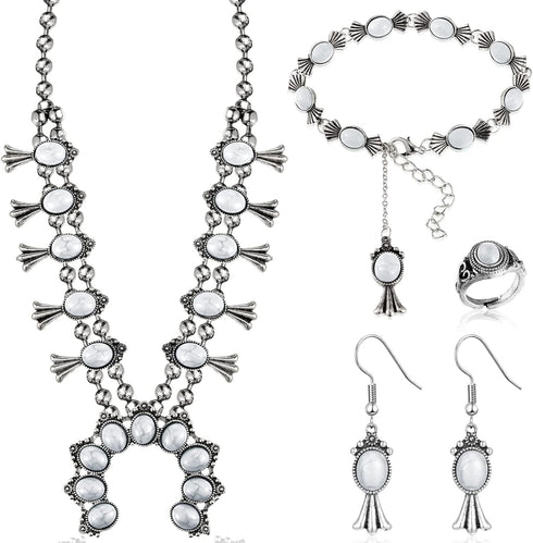 Henoyso 4 Pcs Bohemian Squash Blossom Turquoise Western Jewelry Set Vintage Metal Howlite Necklace Earrings Wrist Chain Ring for Women (White Turq...