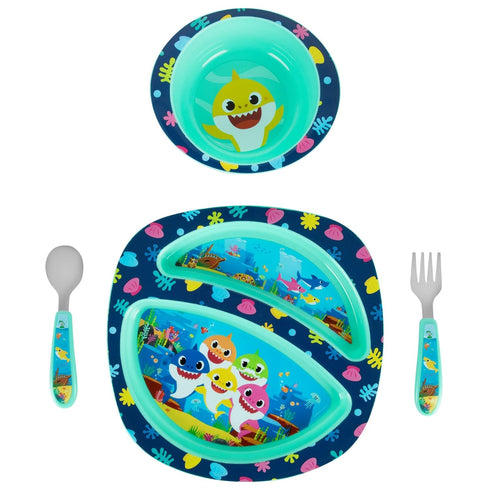 The First Years Baby Shark Dinnerware Set - Toddler Plates and Bowls Set - Includes 1 Toddler Plate, Toddler Bowl, and Toddler Fork and Spoon - 4 ...