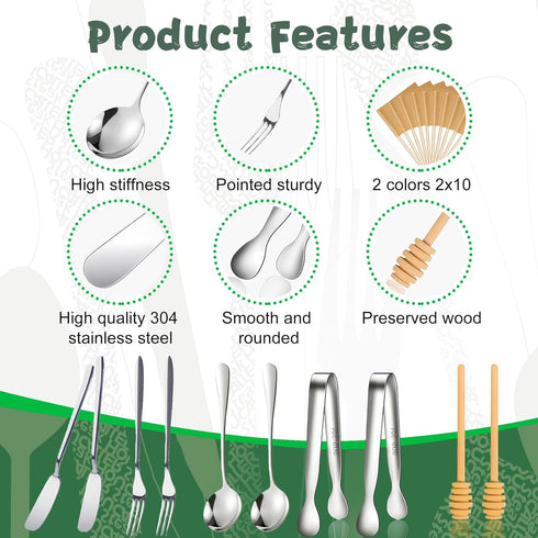 18 Pieces Charcuterie Board Accessories Stainless Steel Cheese Butter Spreader Knives Set Include Mini Serving Tongs, Knives, Spoons, Forks, Honey...