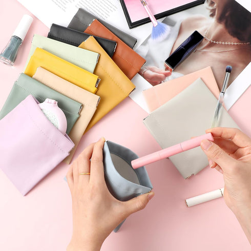 MAQUITA 15 Pcs Lambskin Small Makeup Bag Waterproof Leather Pocket Cosmetic Bag No Zipper Self Closing Small Cosmetic Bag Cosmetic Pouch Travel St...