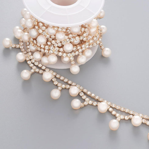 Jerler 1 Yard Pearl Tassel Rhinestone Trim, Inlaid Pearl Beaded Chain, Crystal Applique Ideal for DIY and Wedding Party Decoration Bridal Embellis...