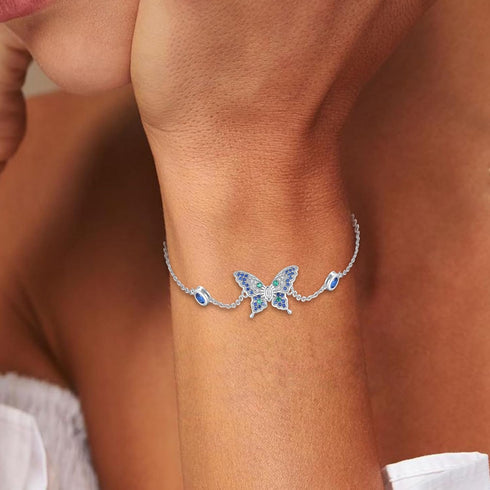 White Gold Plated Butterfly Bracelets for Women: Adjustable Blue Cubic Zirconia Butterfly Ankle Chain...