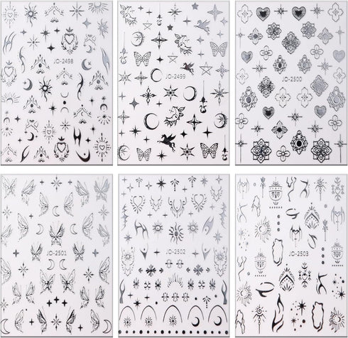 Laser Silver Nail Art Sticker Decal Sun Moon Butterfly Design Nail Decals 3D Self-Adhesive Nail Art Supplies Love Heart Flower Flame Nail Art Stic...