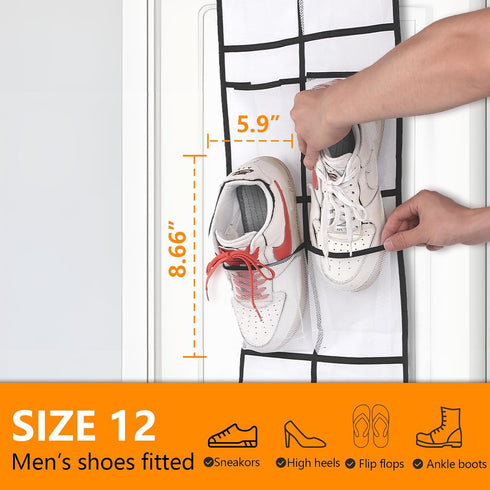 Narrow Over The Door Shoe Organizer, 12 Large Mesh Pockets Hanging Shoe Organizer for Closet Organizers and Storage, White, 2 Pack...