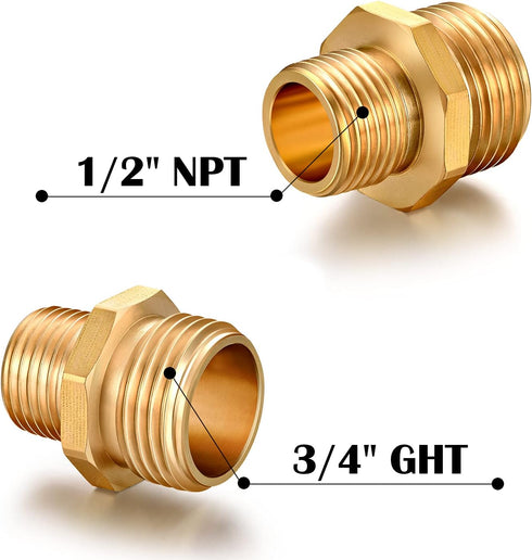 Garden Hose Fittings Connectors Adapter Solid brass Brass Repair Male to Male faucet leader coupler dual water hose connector(3/4" GHT Male to 1/2...