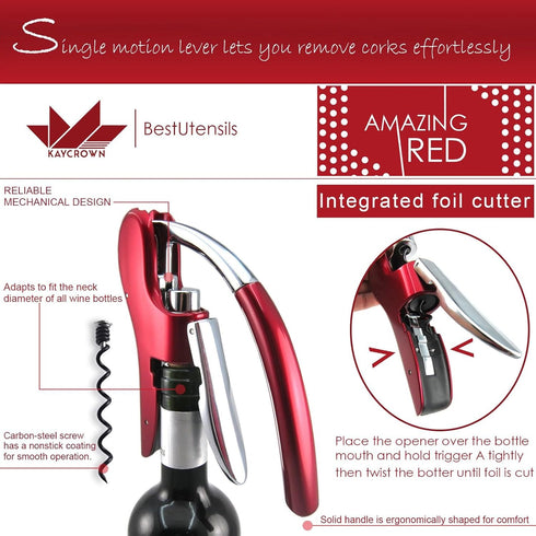 KAYCROWN Wine Bottle Opener, Vertical Lever Corkscrew with Built in Foil Cutter Design, Manual Handheld Corkscrew with Ergonomic Lever Pump...