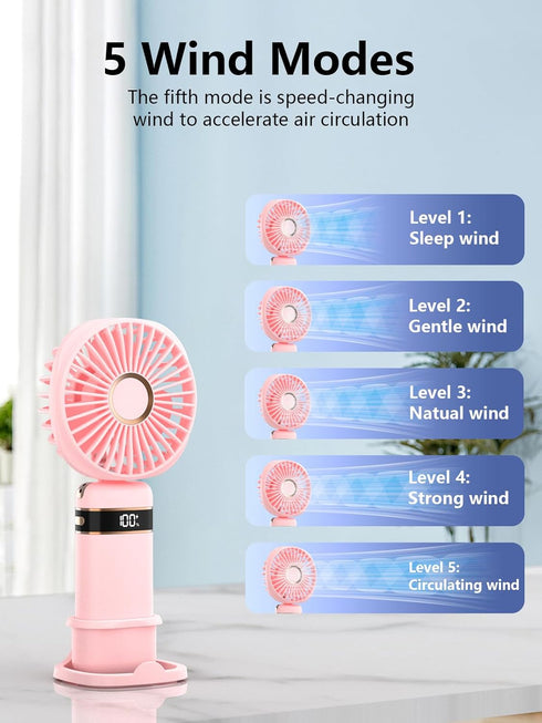 Portable Handheld Fan, Powerful Personal Fan with Base 5 Adjustable Speed USB Rechargeable Battery Operated Cooling for Women Girl Travel Office (...