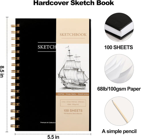 Yoment 5.5" x 8.5" Sketchbook for Drawing Small Spiral Bound Sketch Pad for Kids Hardcover Sketch Book(68lb/100gsm) Artist Drawing Blank Paper Not...