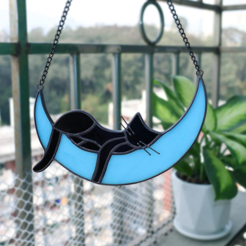 Black Cat Decor On Blue Moon Stained Window Hanging, Stained Cat Suncatchers Decoration Cat Decor for Cat Lovers Indoor...