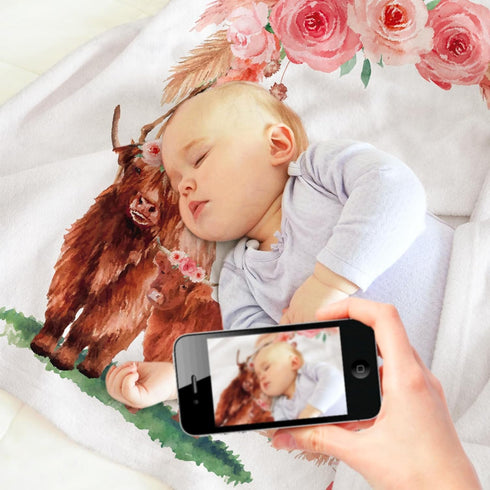 Highland Cow Baby Monthly Milestone Blanket Floral Scotland Photo Prop Blanket with New to The Herd Cattle Nursery Stuff Gift Ideas for Girl Newbo...