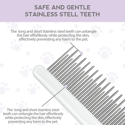 Detangling Pet Comb for Dog & Cat, Grooming Comb with Long & Short Stainless Steel Teeth, Safely Remove Knots & Tangles for Healthy Shiny Coat, Ge...