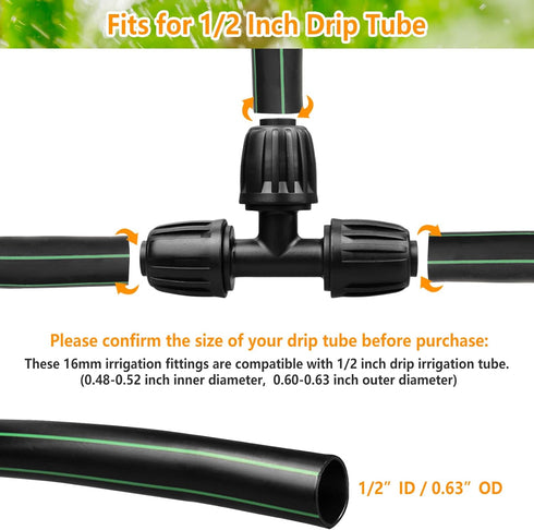 Drip Irrigation Fittings for 1/2 Inch Tubing (0.60"-0.63" OD), 10 Pieces Barbed Tee Drip Parts Locked Tee Connectors, 3 Way Drip Line Nuts Connect...