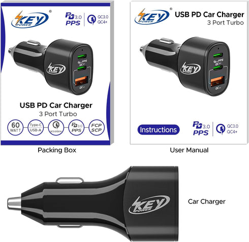 USB C Car Charger 60W Key Power Fast Car Charge USB-C Car Charger Adapter - Dual USB-C and USB-A Ports with 30W & 22.5W Compatible with iPhone 12/...