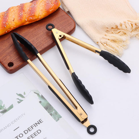 Stainless Steel Classic Kitchen Serving Food Party Gold Tongs 9" and 12" Cooking Tong with BPA Free Silicone Tips, Dishwasher Safe Serving Tools(s...