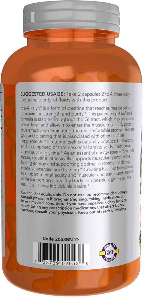 NOW Sports Nutrition, Kre-Alkalyn Creatine 750 mg, Mass Building*/Energy Production*, 240 Veg Capsules...