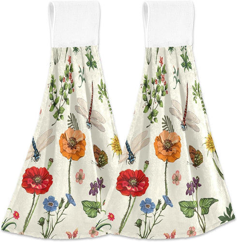 Super Absorbent Spring Hanging Kitchen Towel with Loop 2 Set, Wild Flowers Dragonfly Hand Towels, Fall Tie Towel for Bathroom, Soft Coral Velvet D...