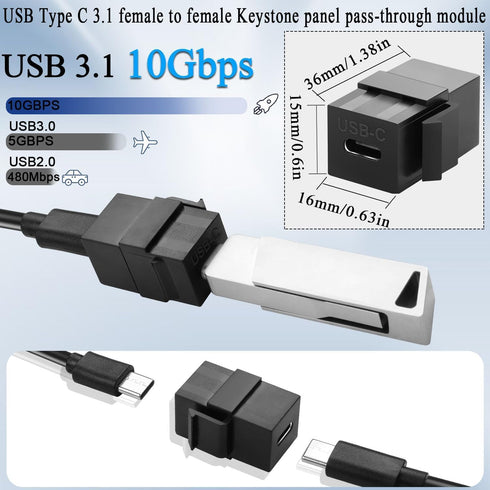 USB C Keystone Jack, Traovien USB 3.1 Type-C Connector Keystone Insert Female to Female, Coupler Type for Wall Plate Outlet Panel-Black(1pcs)...