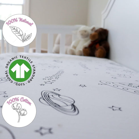 Milky Chic GOTS Fitted Baby Crib Sheet, Breathable 100% Organic Cotton Mattress Sheet for Boys and Girls, Fits Standard Size Mattresses (Space Bla...