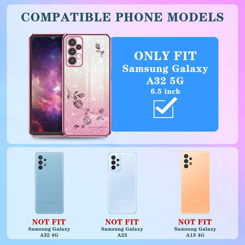 Likiyami (3in1 for Samsung Galaxy A32 5G Case for Women Girls Glitter Girly Cute Bling Flowers Phone Cases with Ring Stand Unique Design Sparkle F...