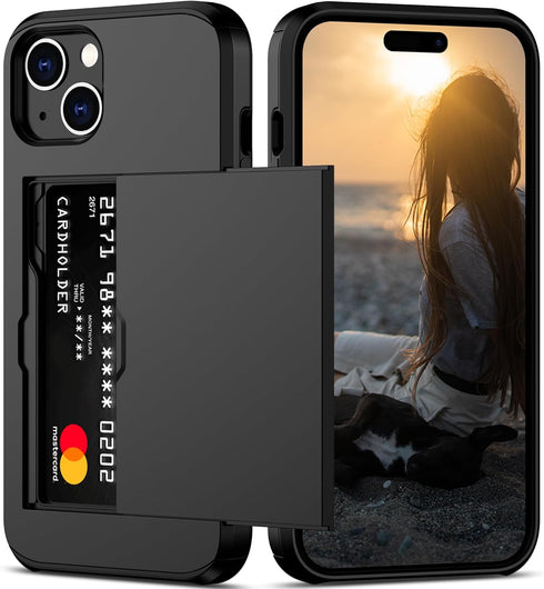 Nvollnoe Compatible with iPhone 15 Case with Card Holder Heavy Duty Protective Dual Layer Shockproof Hidden Card Slot Slim Wallet Phone Cover for ...