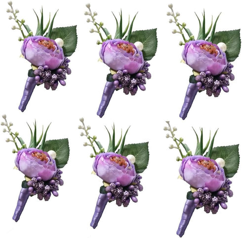 6 Pieces/lot Groom Boutonniere Man Buttonholes Wedding Flowers Party Decoration (Light Purple)...