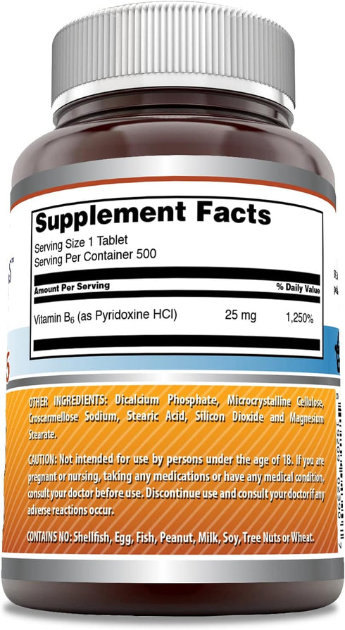 Amazing Formulas Vitamin B6 Pyridoxine 25mg Tablets Supplement | Non GMO | Gluten Free | Made in USA (500 Tablets)...