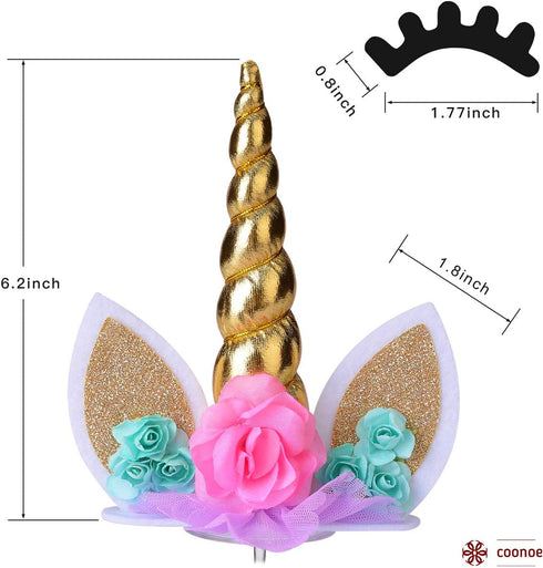 Unicorn Cake Topper,Handmade Party Cake Decoration Supplies with Eyelashes and stack,Reuasble Gold Horn for Birthday Party,Baby Shower, Wedding...