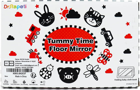 Dr.Rapeti Tummy Time Floor Mirror for Baby Infant Toddler Kids Black and White High Contrast baby toy with Teethers Floor Activity Toy Washable No...