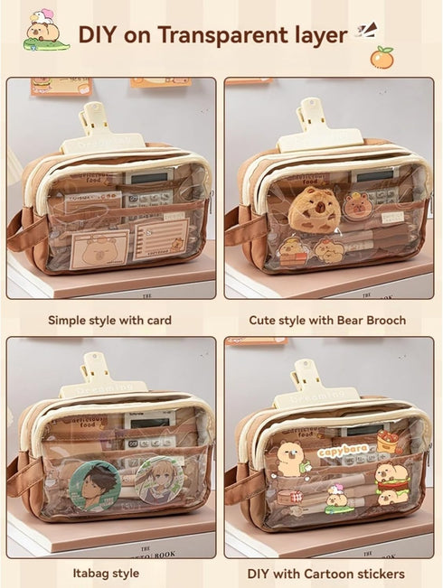 Pencil Pouch Large Capacity Multi-Layer Transparent Pencil Pouch - Waterproof, Zippered, Bonus Doll & Stickers, YS2401...
