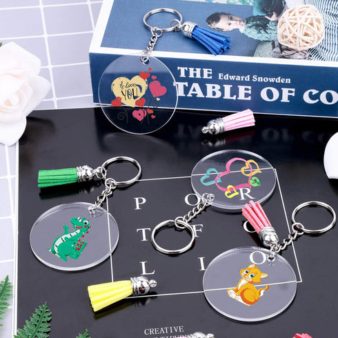 Audab 120pcs Acrylic Keychain Blanks for Vinyl Kit Including 30pcs Clear Acrylic Blanks, 30pcs Keychain Tassels, 30pcs Key Rings and 30pcs Jump Ri...