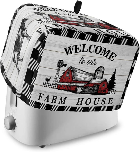 Welcome to Our Farm House Toaster Cover 4 Slice, Large Kitchen Appliance Covers, Black and White Checkered Toaster Oven Cover with Loop, Bread Mac...