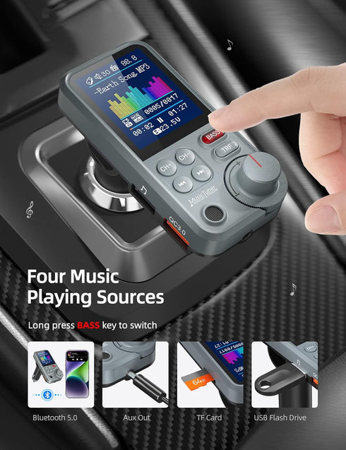 Nulaxy FM Bluetooth Transmitter for car, Strong Microphone Bluetooth Car Adapter with 1.8" Color Screen for Hands-Free Calls, Supports QC3.0 Charg...