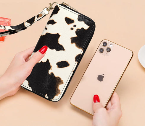 Cow Print Wallets for Women Cowhide Western Highland Purse Moteher's Day Gifts Ladies Zip Around Card Holder with Cluth Wristlet Strap (Brown cow)...