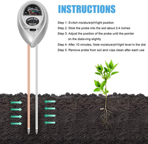 Soil pH Meter, 3-in-1 Soil Testing Kit with Moisture, Light and PH Tester for Plant, Vegetables,Garden, Farm, Lawn, Indoor & Outdoor (No Battery N...