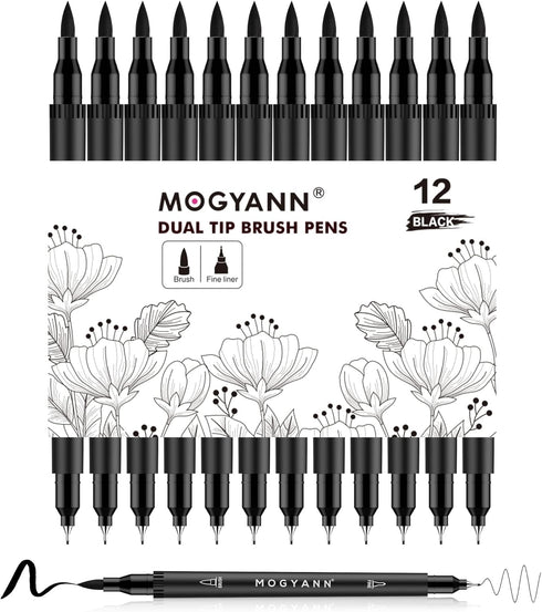 Mogyann Drawing Pens, 12 Pack Dual Brush Pens Black Markers for Art Drawing Sketching...