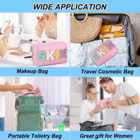 Preppy Makeup Bag, Skin Makeup Bag,Chenille SKIN Letter Cosmetic Bag, PU Leather Skincare Toiletry Bag, Cute Travel Organizer Zipper Makeup Bag fo...