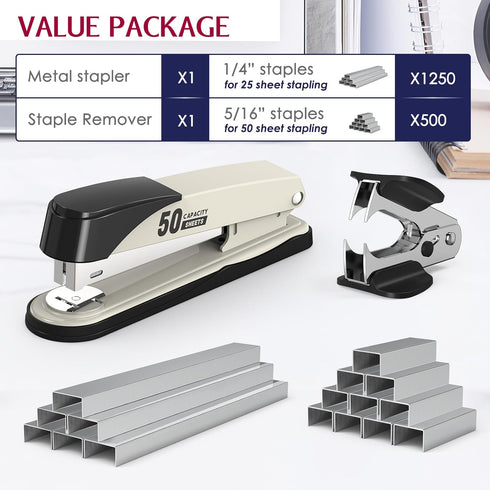 Metal Stapler Heavy Duty 50 Sheet Capacity with 1750 Staples and Staple Remover, White Stapler Full Strip Staplers for Desk, No Jam, Non-slip Offi...