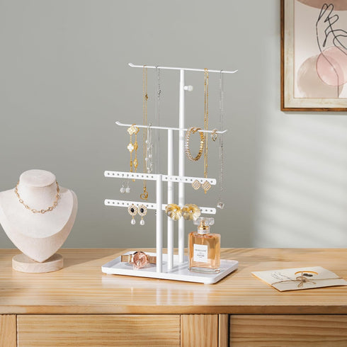 Jewelry Holder Organizer Stand - Adjustable Jewelry Tree 17.5" Height (Max), Jewlery Hanger for Necklaces, Bracelets, Earrings, Stainless, White...
