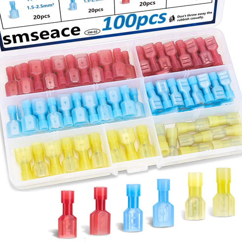 smseace 100Pcs Spade Connectors Kit 22-10AWG Male/Female wire Spade connectors Nylon Spade Quick Connect/Disconnect Connectors Electrical Spade Co...