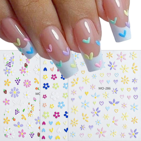 Flower Nail Art Stickers 5D Embossed Self Adhesive Nail Decals Spring Daisy Nail Design Summer Flower Petal Heart Nails Supplies Nail Sticker for ...