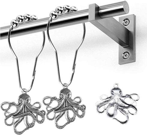 Set of 12 Octopus Shower Curtain Hooks Decorative Home Bathroom Squid Sea Creature Beast Stainless Steel Rustproof Brushed Nickel Rings with Octop...