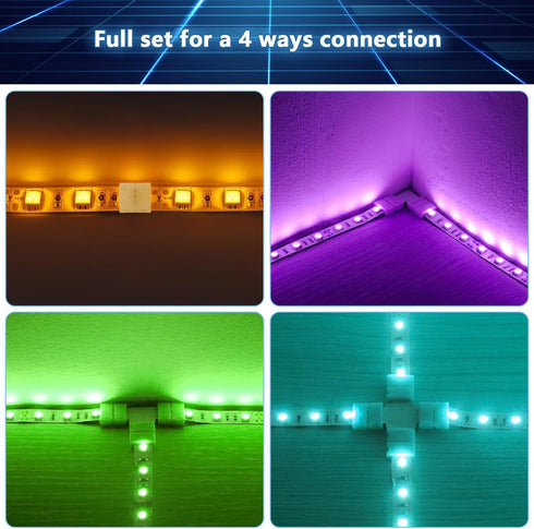 4-Pin 10mm RGB LED Light Strip Connectors, 100 Pieces Solderless and Gapless Adapter Terminal, Incl. Screw Clips, Cuttable T, L and X Shape for SM...