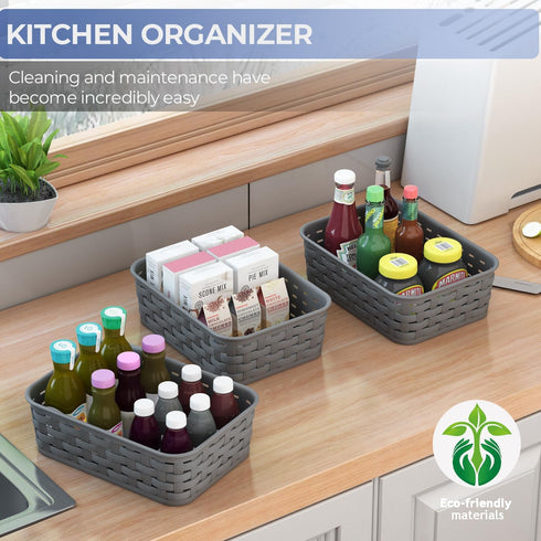 3 Pack Small Plastic Basket, Storage Bin Baskets for Organizing, Pantry Organizer Household Wicker Storage for Laundry Room, Bedrooms, Kitchens, C...