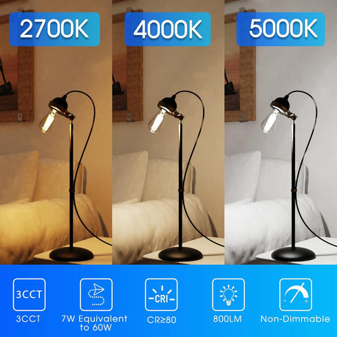 E ENERGETIC LIGHTING ST58/ST18, LED Filament Light Bulbs, 3CCT, 2700K/4000K/5000K,High Brightness, 7W, 60 W Equivalent,Classic Clear Glass, E26, 4...